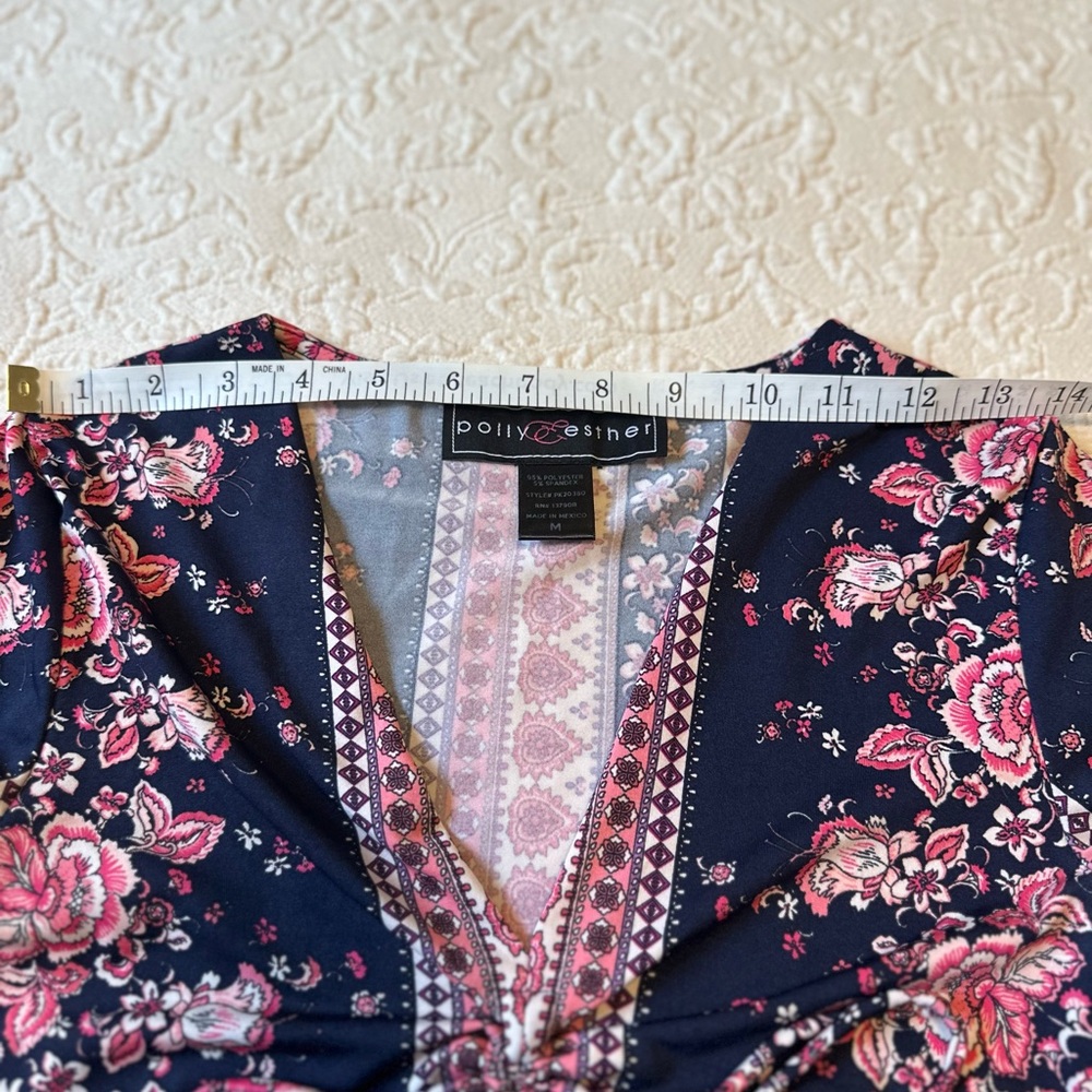 Polly & Esther Navy and Pink Floral Bell Sleeve Blouse - Picture 14 of 15